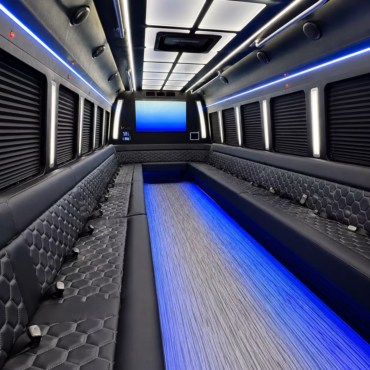 cary 50 passenger party bus inside